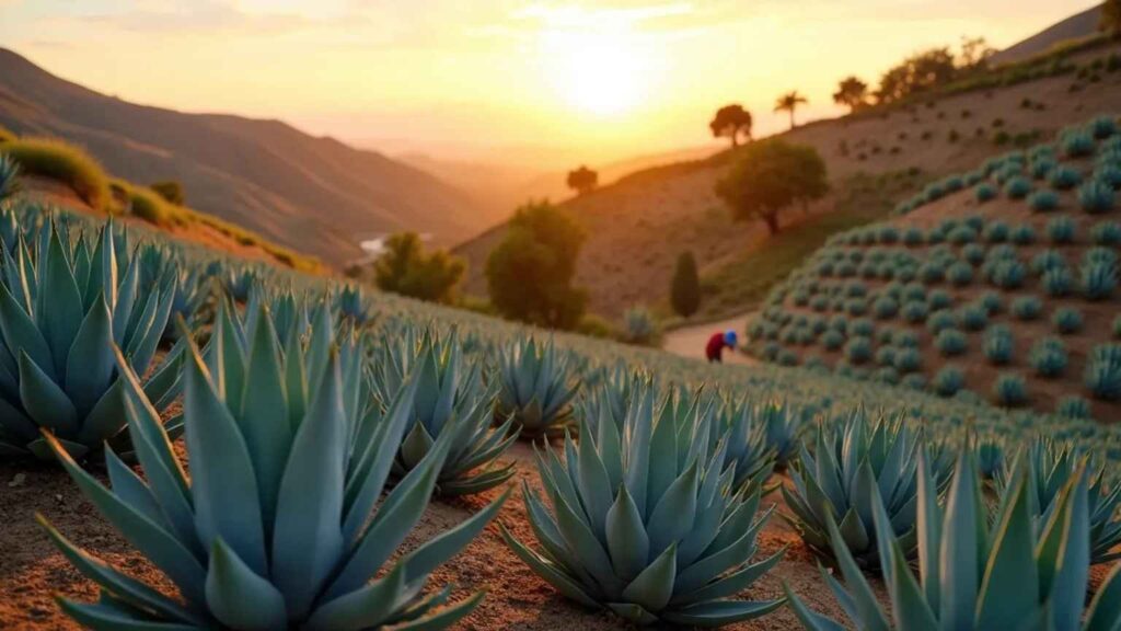 Agave fields stretch across the mountains, bathed in the warm hues of a stunning sunset.