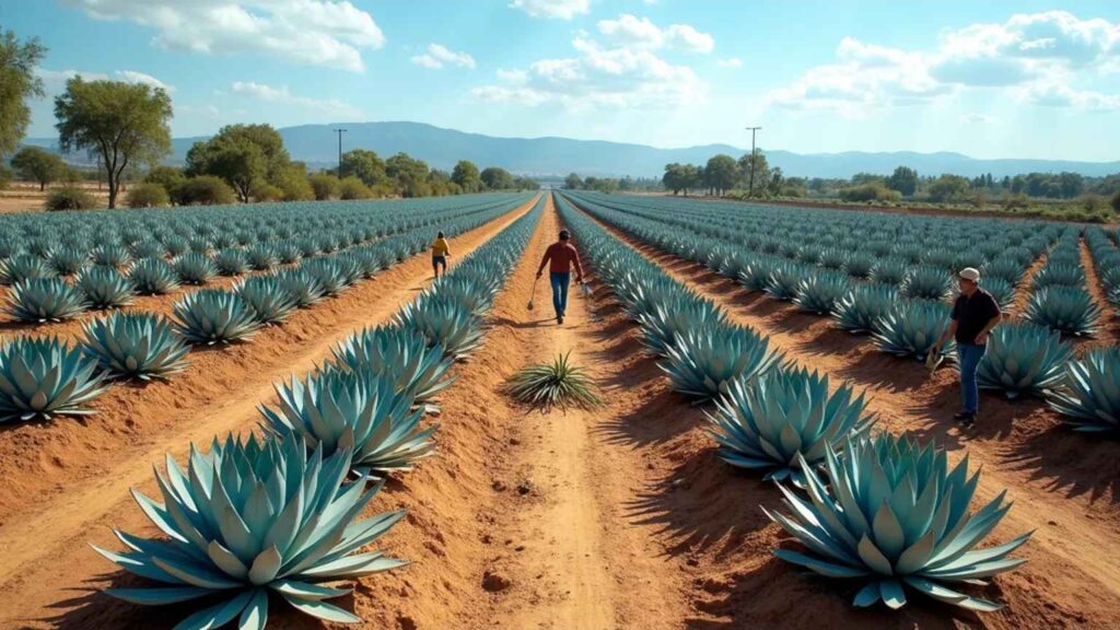 Scenic view of agave fields in Mexico, with neatly arranged plants thriving in the sunlight.