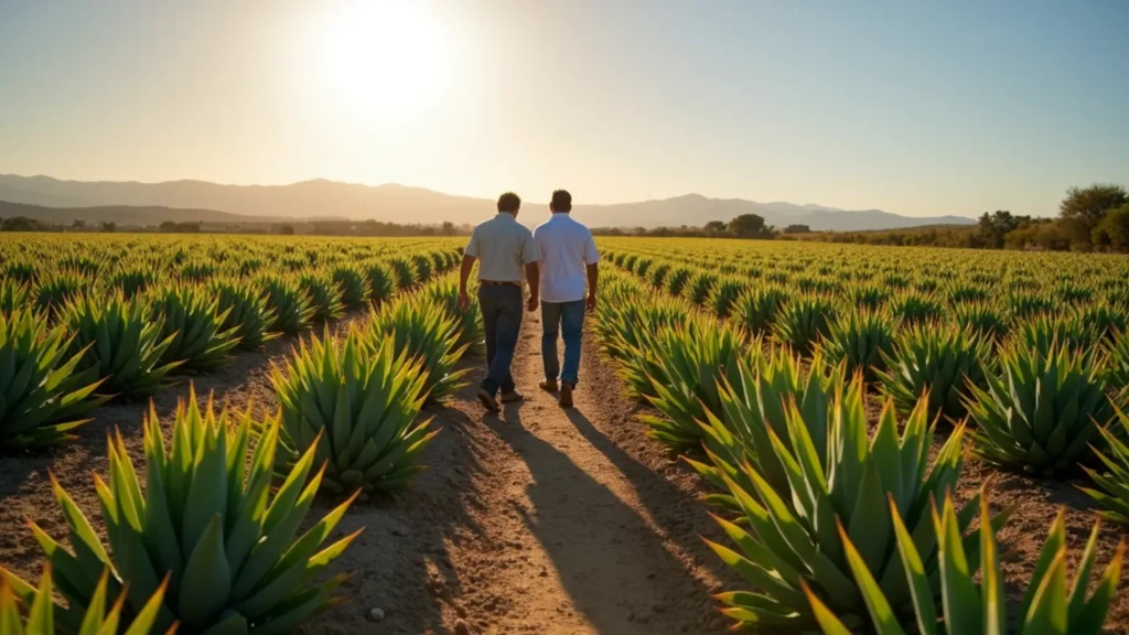 Two people navigate through a vibrant agave field, immersed in the serene environment of the lush greenery.