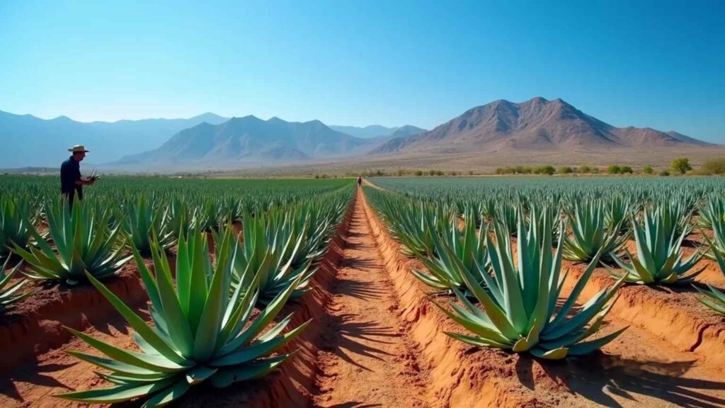 A serene desert scene featuring rows of agave plants, highlighting their resilience in the harsh, sun-drenched environment.